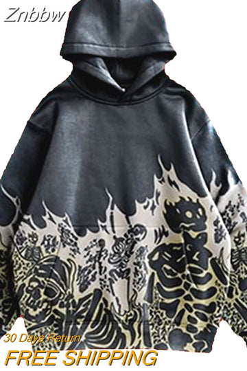 Znbbw Men Hip Hop Goth Skull Print Long Sleeve Oversized Hoodies Women Streetwear Vintage Y2K Harajuku Autumn Couple Hooded Sweatshirt